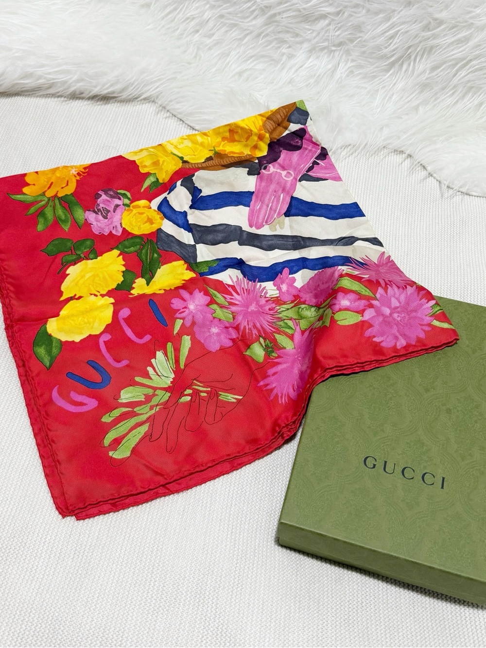 Gucci Floral Silk Scarf with Horsebit Glove Vibrant Flowers Dress Lying on Chair